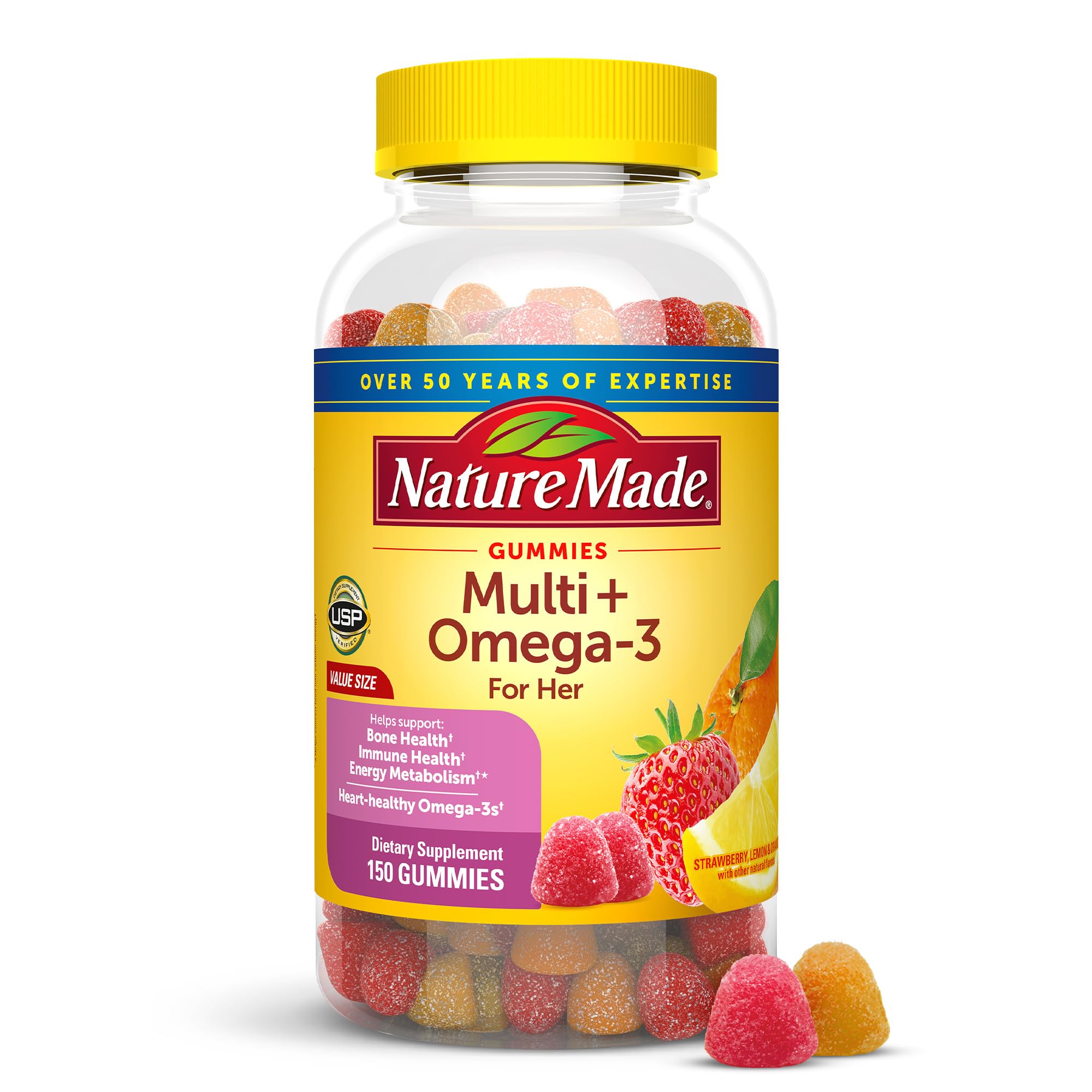 Nature Made Women's Multivitamin with Omega-3 gummies bottle front supports daily energy.