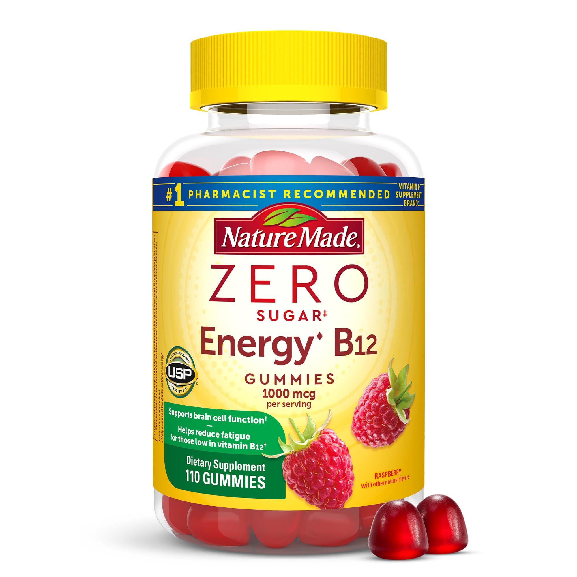 Nature Made Zero Sugar Energy B12 Gummies bottle in raspberry flavor for on-the-go energy.