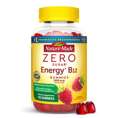 Nature Made Zero Sugar Energy B12 Gummies bottle in raspberry flavor for on-the-go energy.