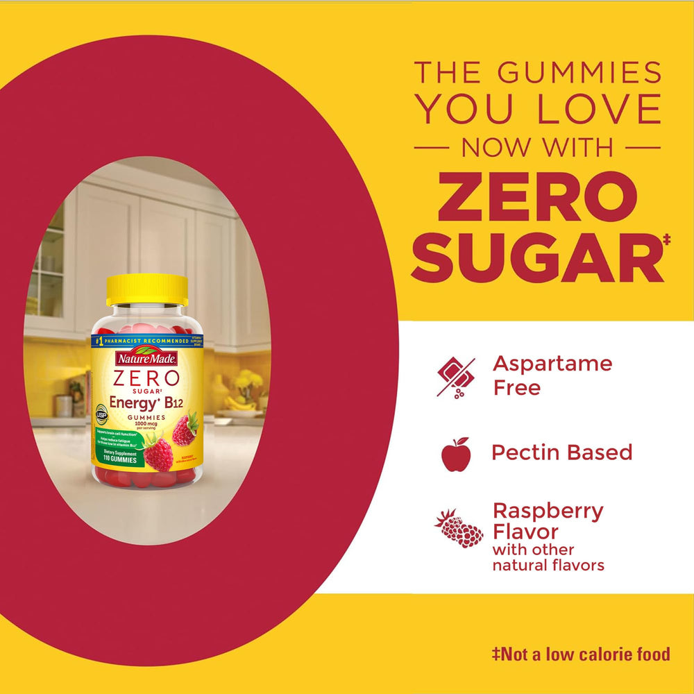 Nature Made Zero Sugar B12 Gummies label with USP Verified and gluten-free assurance.