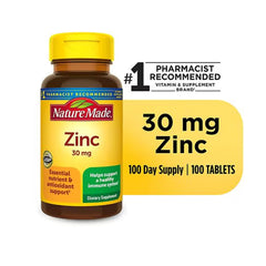 Nature Made Zinc 30 mg bottle pour showing easy daily dosing.