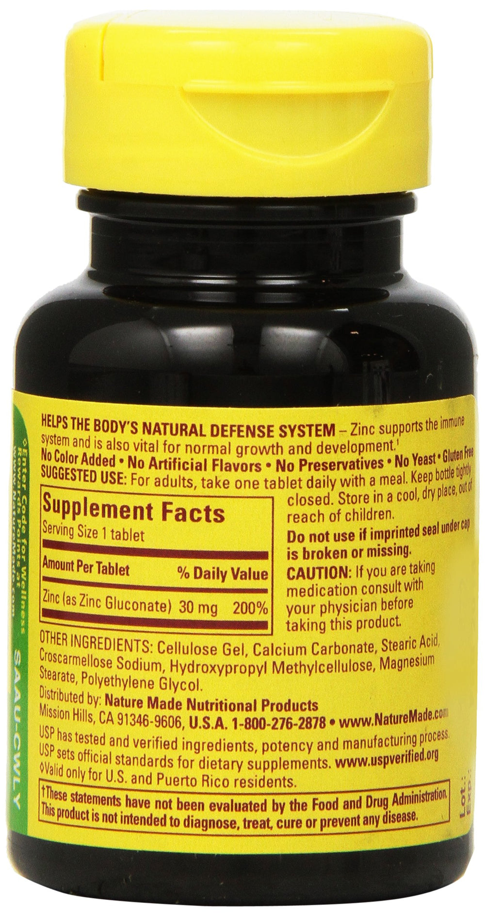 Nature Made Zinc 30mg front label showing product details