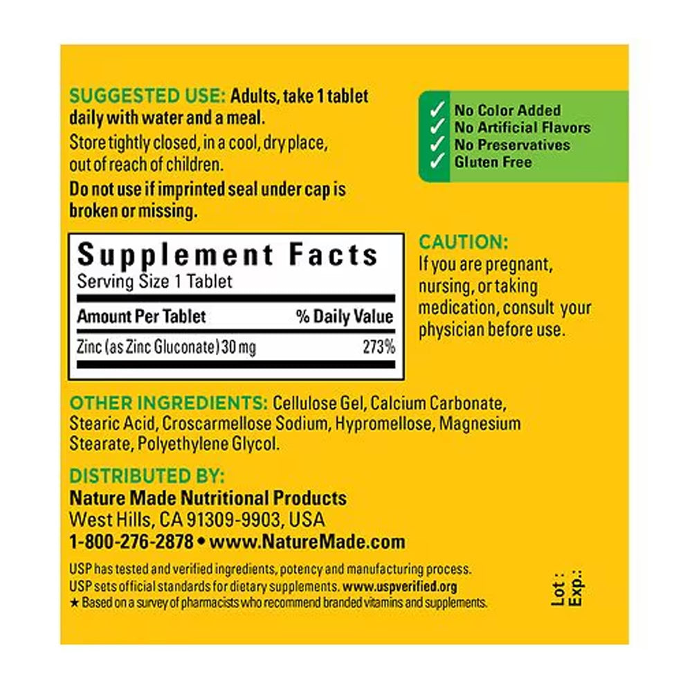 Nature Made Zinc 30 mg pack front emphasizing four-bottle set.
