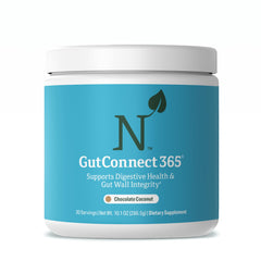 Nature M.D. GutConnect 365 bottle on counter supports daily gut balance.
