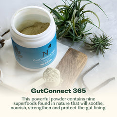Nature M.D. GutConnect 365 label close-up highlighting key ingredients for gut support.