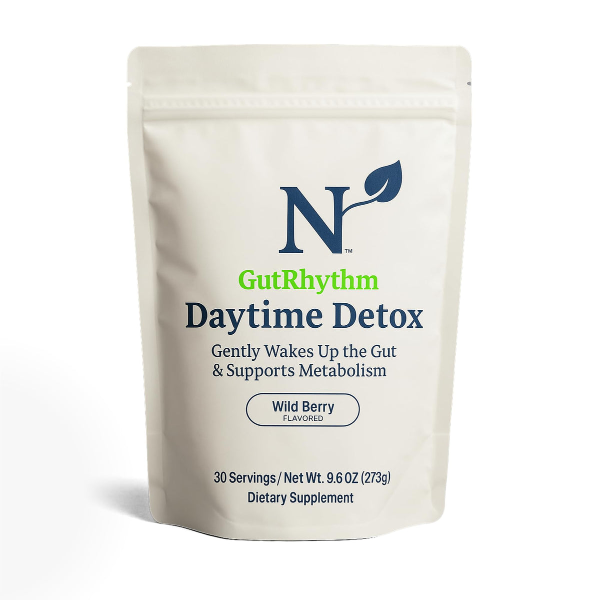 Nature M.D. GutRhythm Daytime Detox bottle on kitchen counter for gentle daily cleanse.