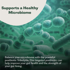 Nature M.D. GutRhythm illustration highlights Tributyrin, MetabolAid, zinc, and turmeric ingredients.