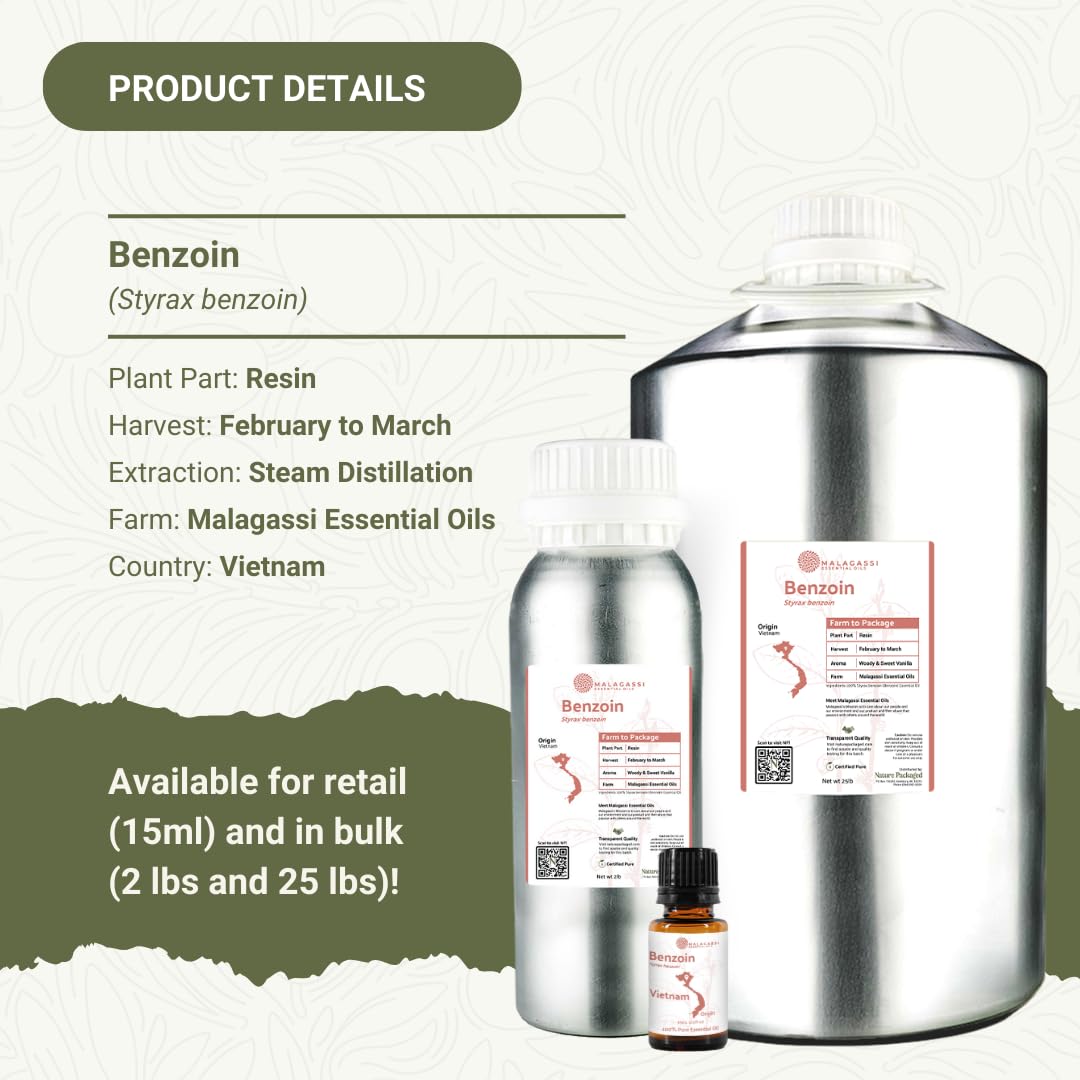 Nature Packaged Benzoin Oil label confirms purity and Malagasy origin.