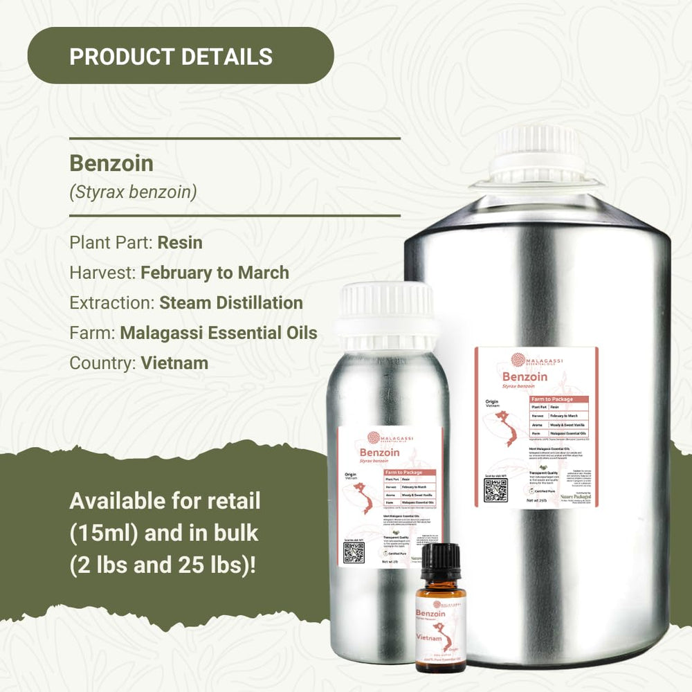 Nature Packaged Benzoin Oil label confirms purity and Malagasy origin.