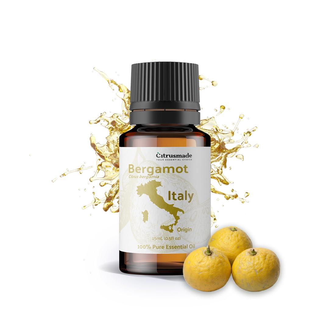 Nature Packaged bergamot oil bottle releasing vibrant citrus aroma for diffusers
