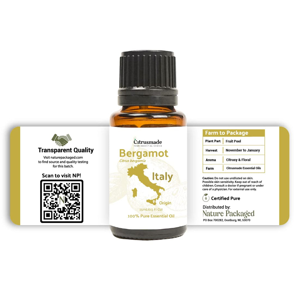 Nature Packaged bergamot oil packaging emphasizing purity and quality
