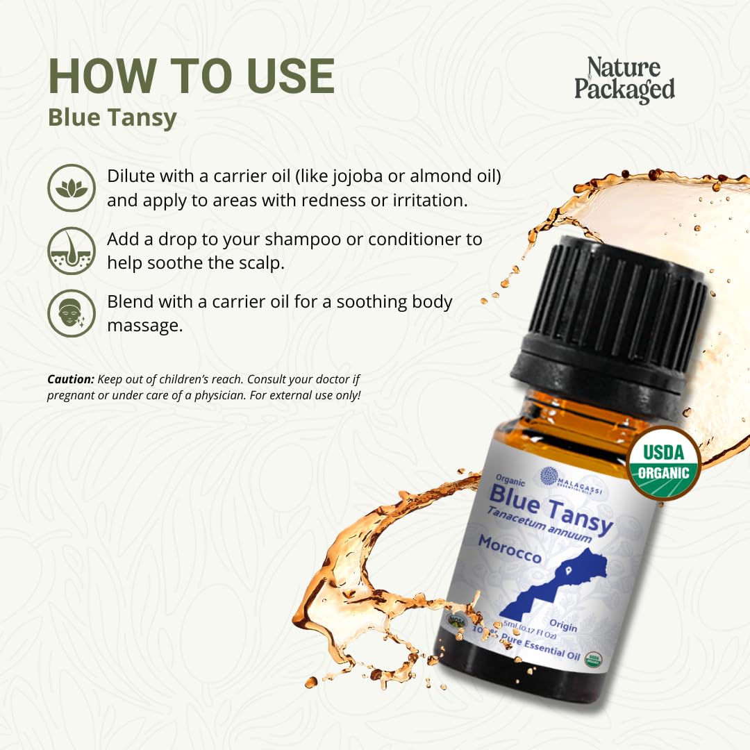Nature Packaged Blue Tansy oil face oil bottle for skin care routine.