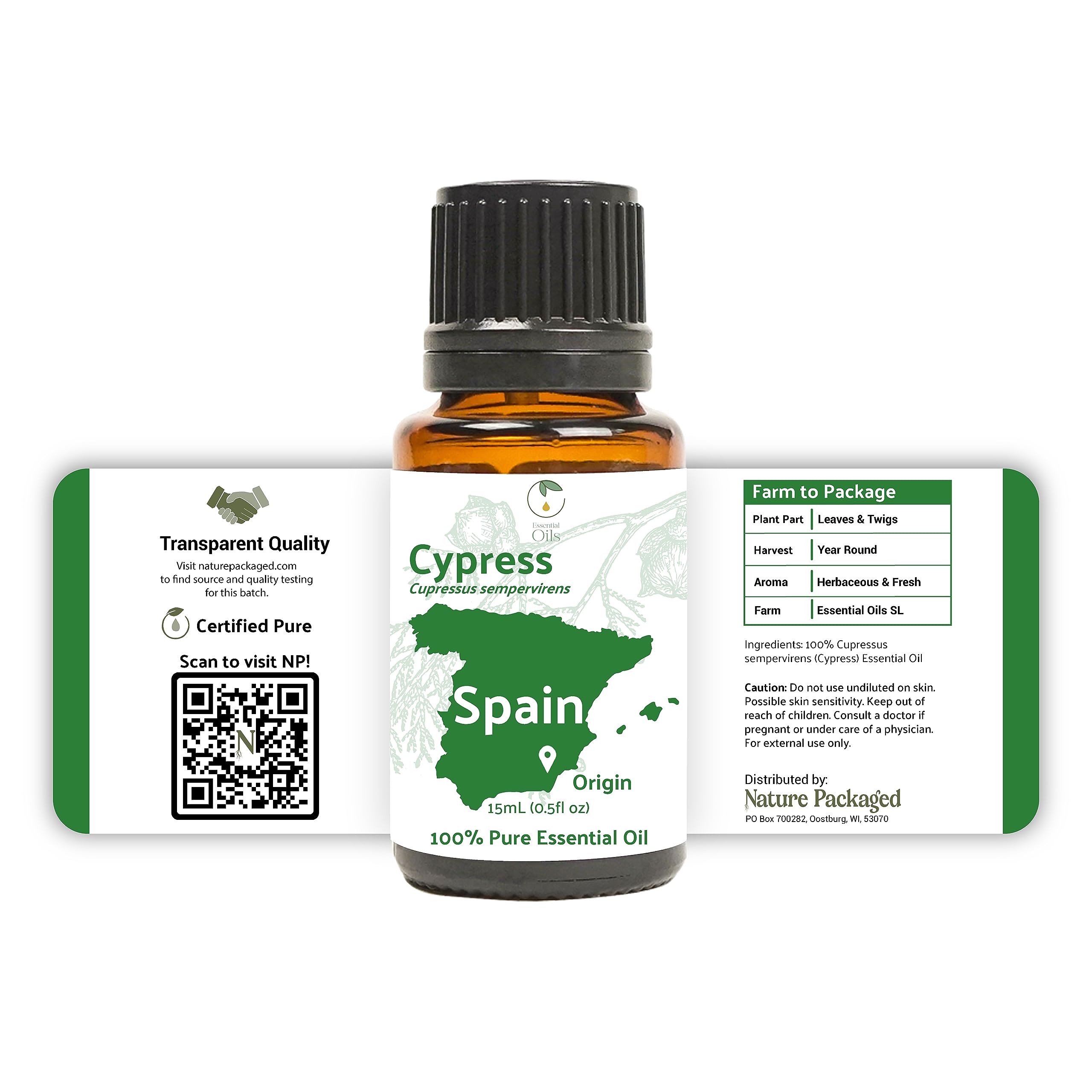 Nature Packaged Cypress steam-distillation emphasizes purity and transparency.