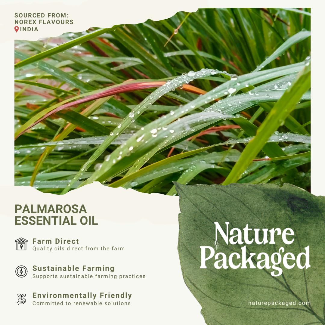 Nature Packaged Palmarosa oil packaging emphasizes sustainable sourcing and transparent documentation.