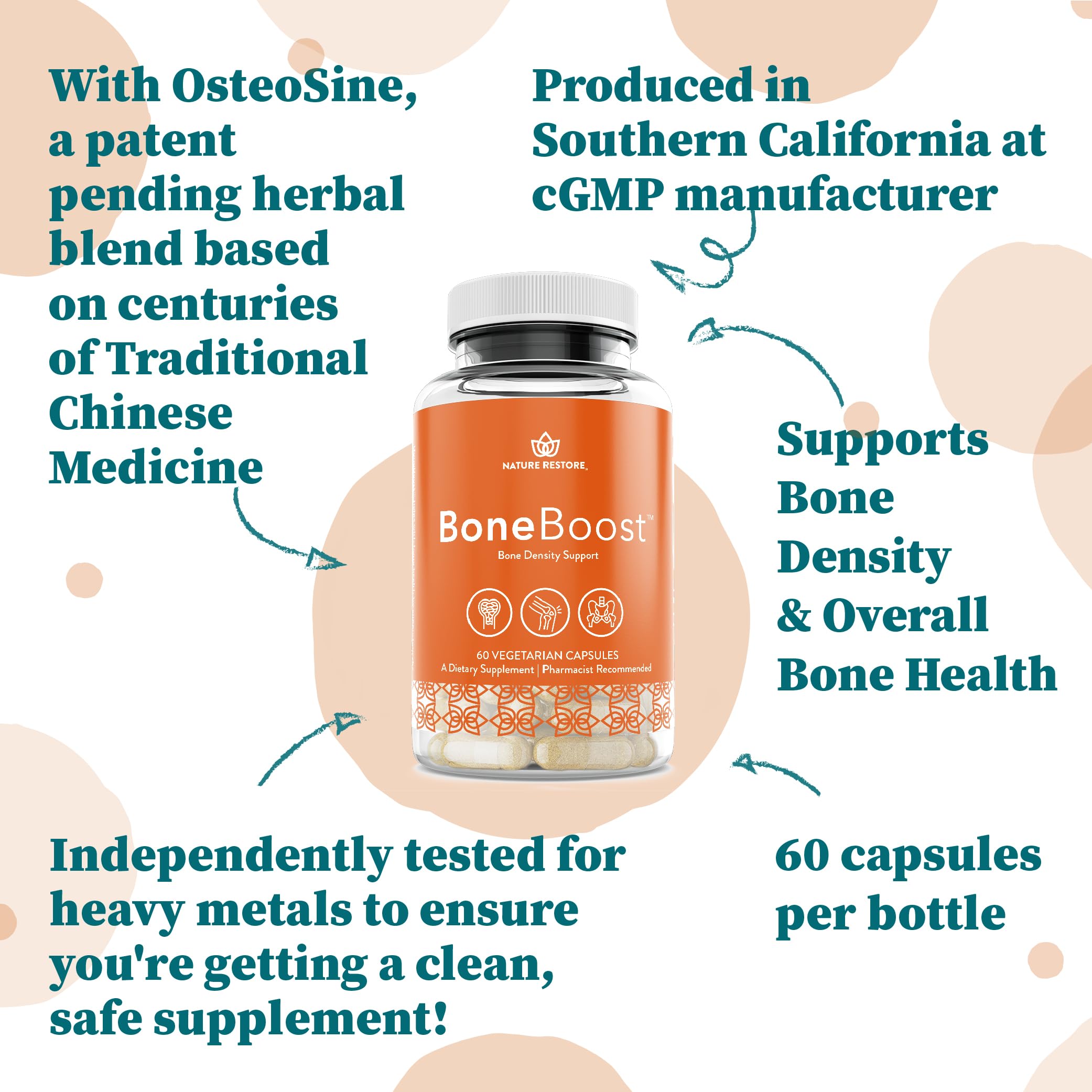 Nature Restore BoneBoost ingredients panel highlights calcium citrate and herbal extracts.