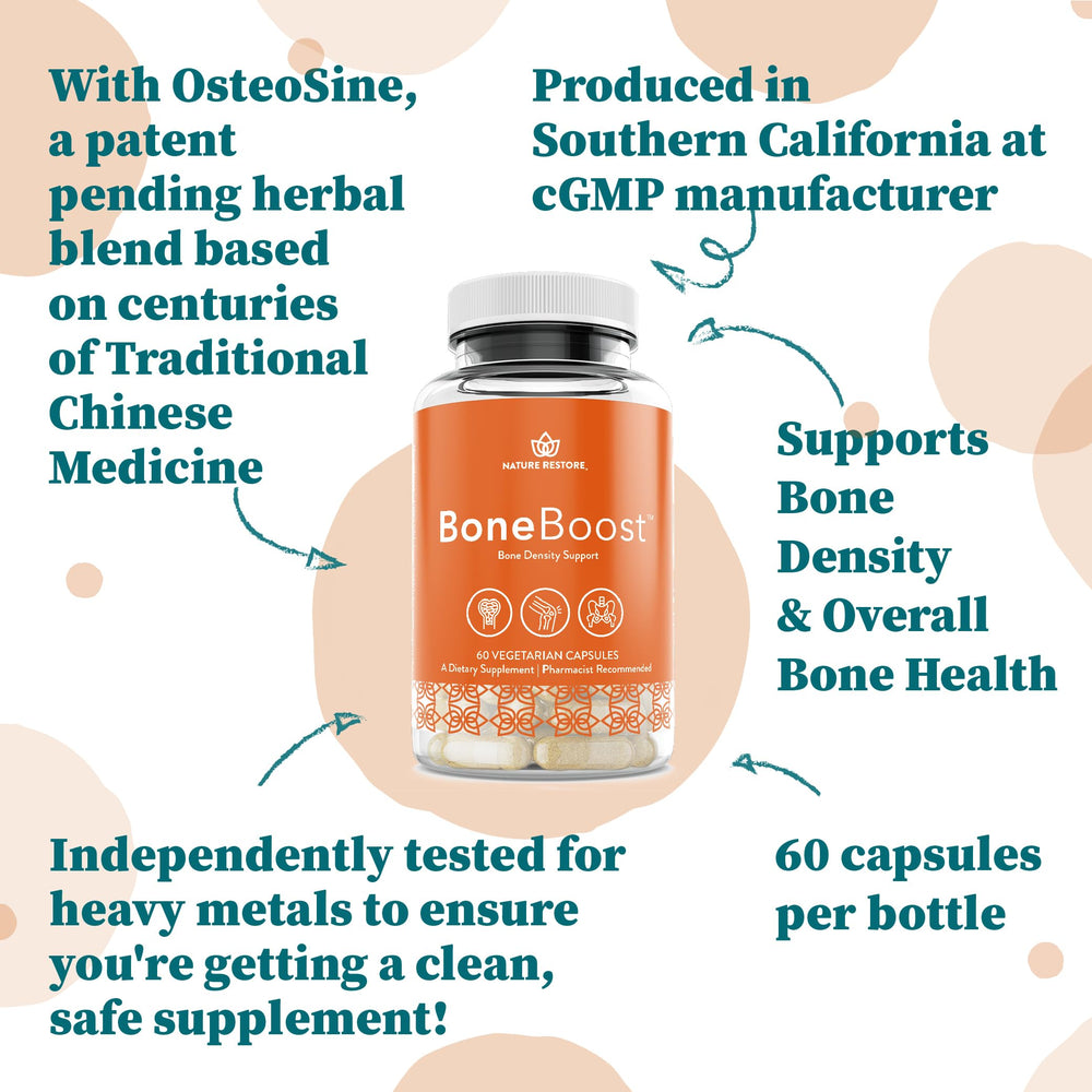 Nature Restore BoneBoost ingredients panel highlights calcium citrate and herbal extracts.
