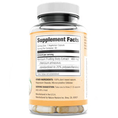 Nature Restore bottle and label close-up highlighting premium mushroom extract.