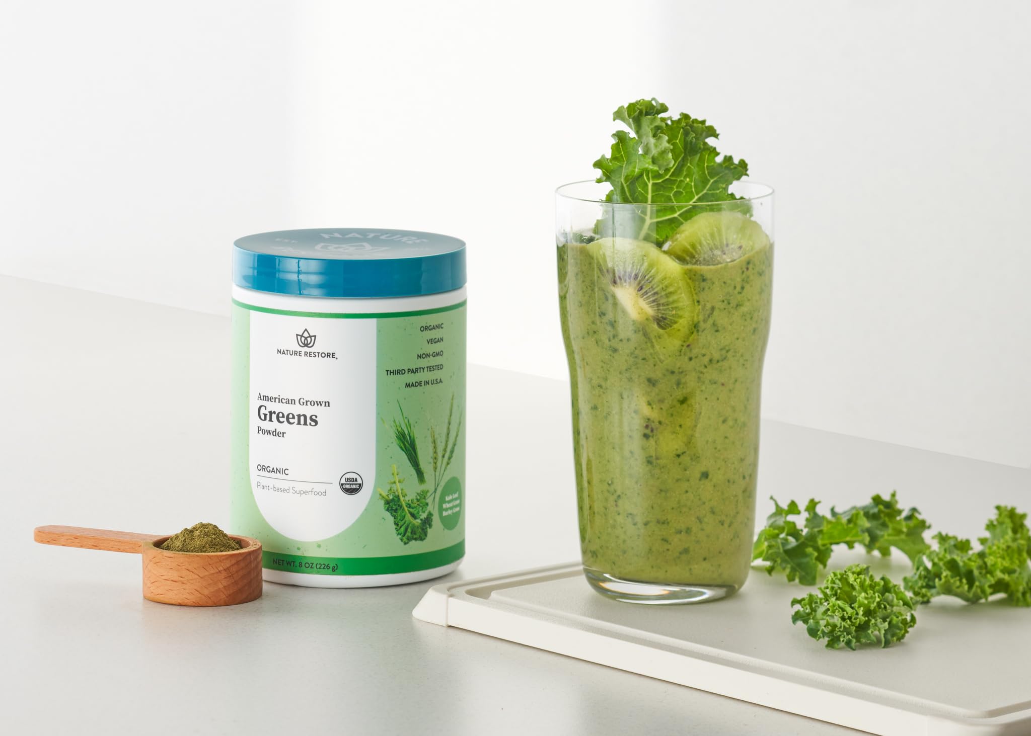 USA-grown ingredients from Kansas farms in a recyclable Nature Restore Greens container.