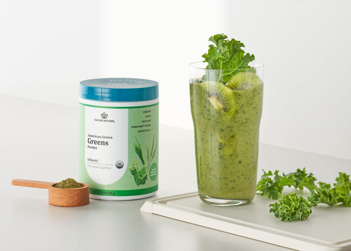 USA-grown ingredients from Kansas farms in a recyclable Nature Restore Greens container.