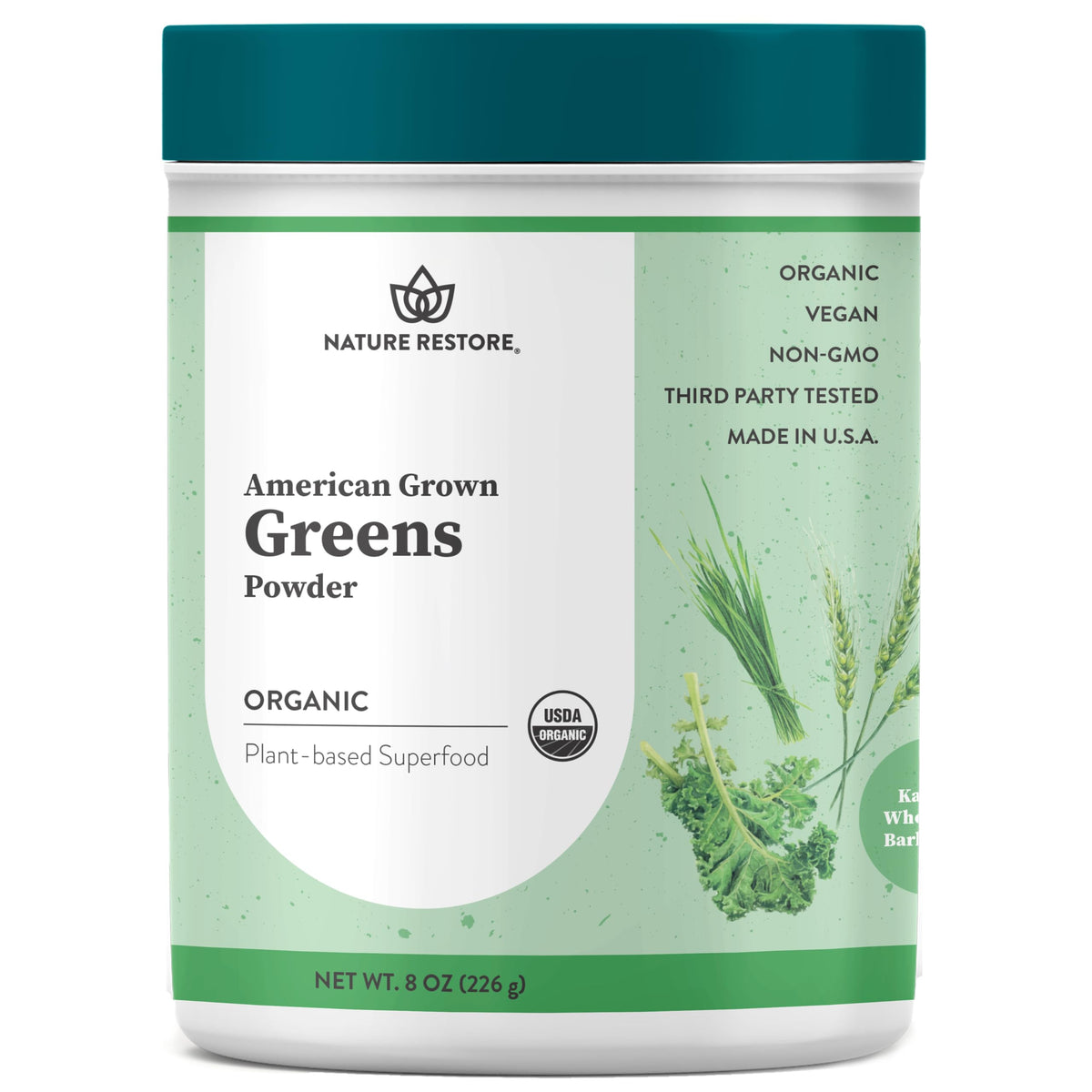 Nature Restore Greens powder tub with organic kale, barley grass, and wheatgrass.