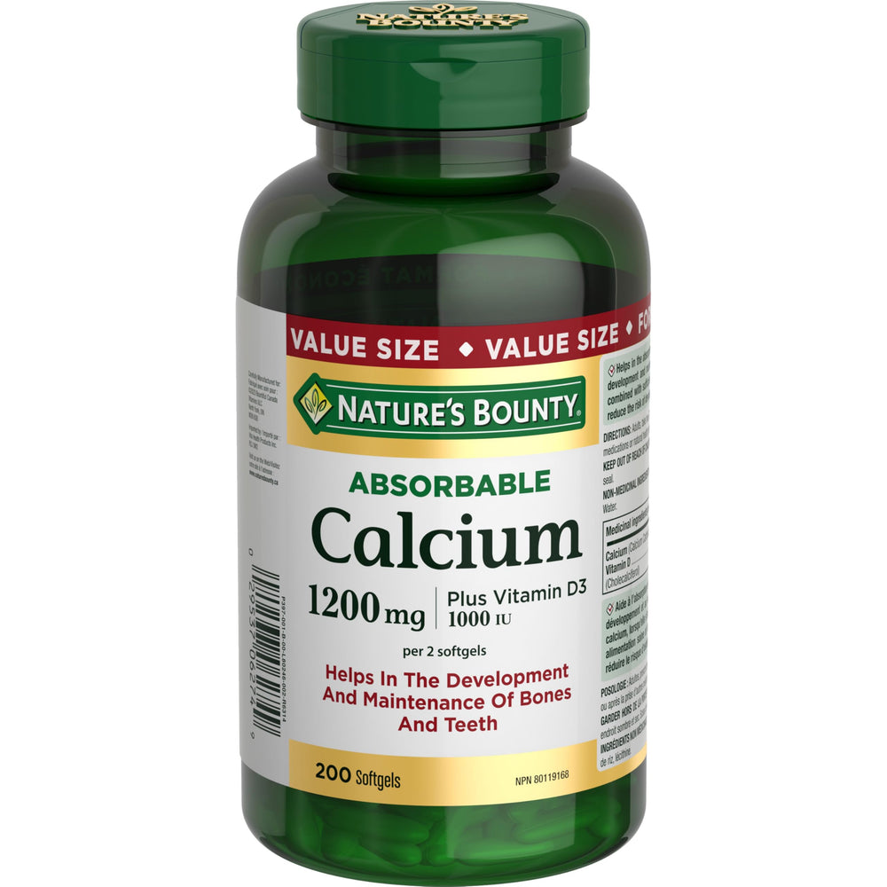 Nature's Bounty absorbable calcium 1200mg with D3 softgels, bottle front showing daily bone support