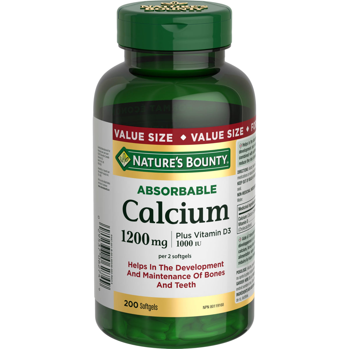 Nature's Bounty absorbable calcium 1200mg with D3 softgels, bottle front showing daily bone support