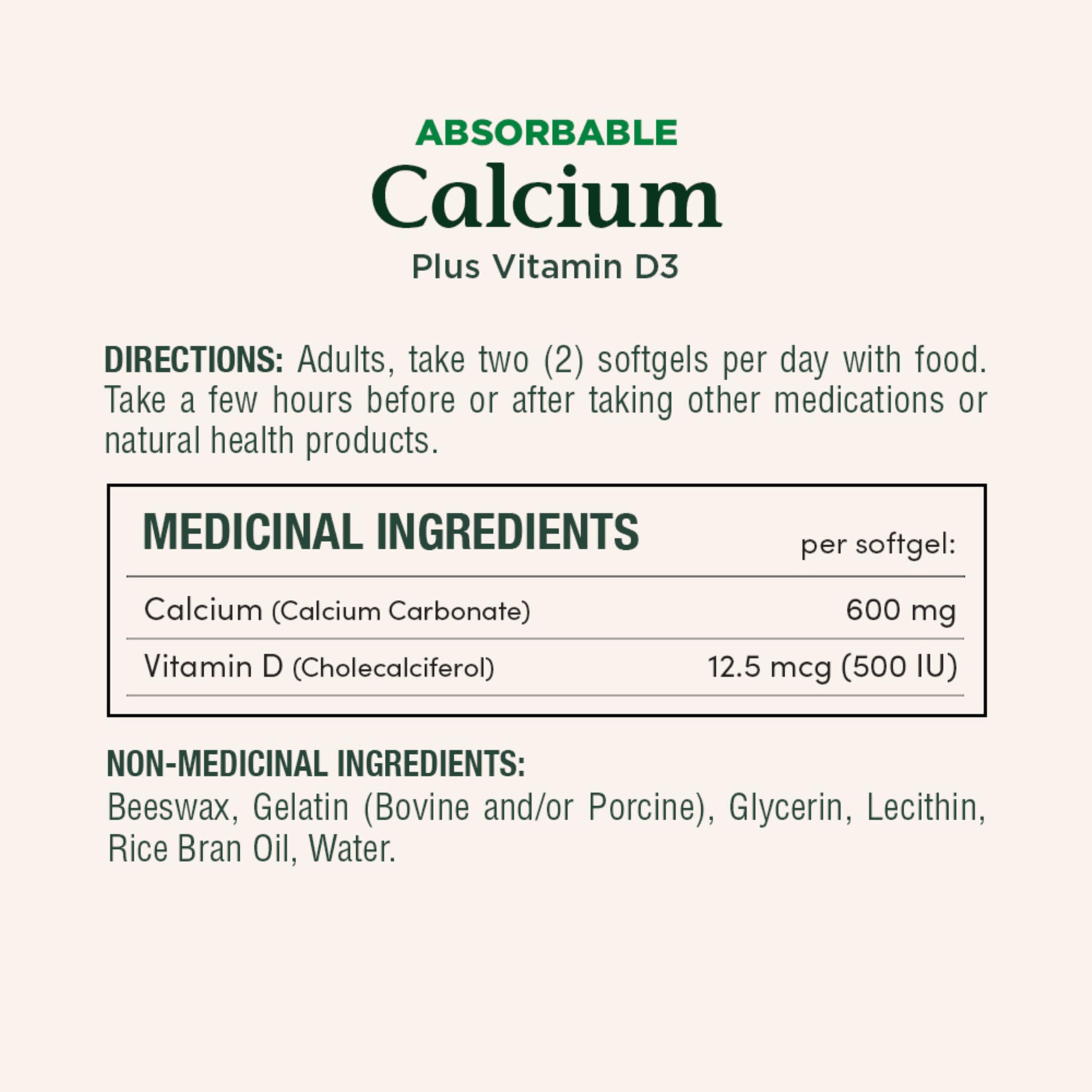 Nature's Bounty Calcium + D3 softgels bottle side, gluten-free and allergen-free formula