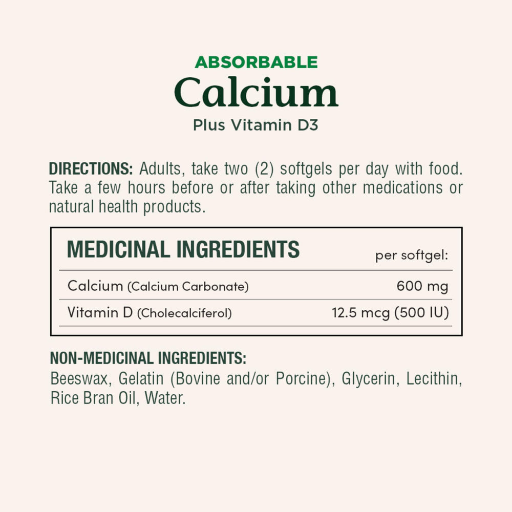 Nature's Bounty Calcium + D3 softgels bottle side, gluten-free and allergen-free formula