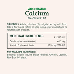 Nature's Bounty Calcium + D3 softgels bottle side, gluten-free and allergen-free formula