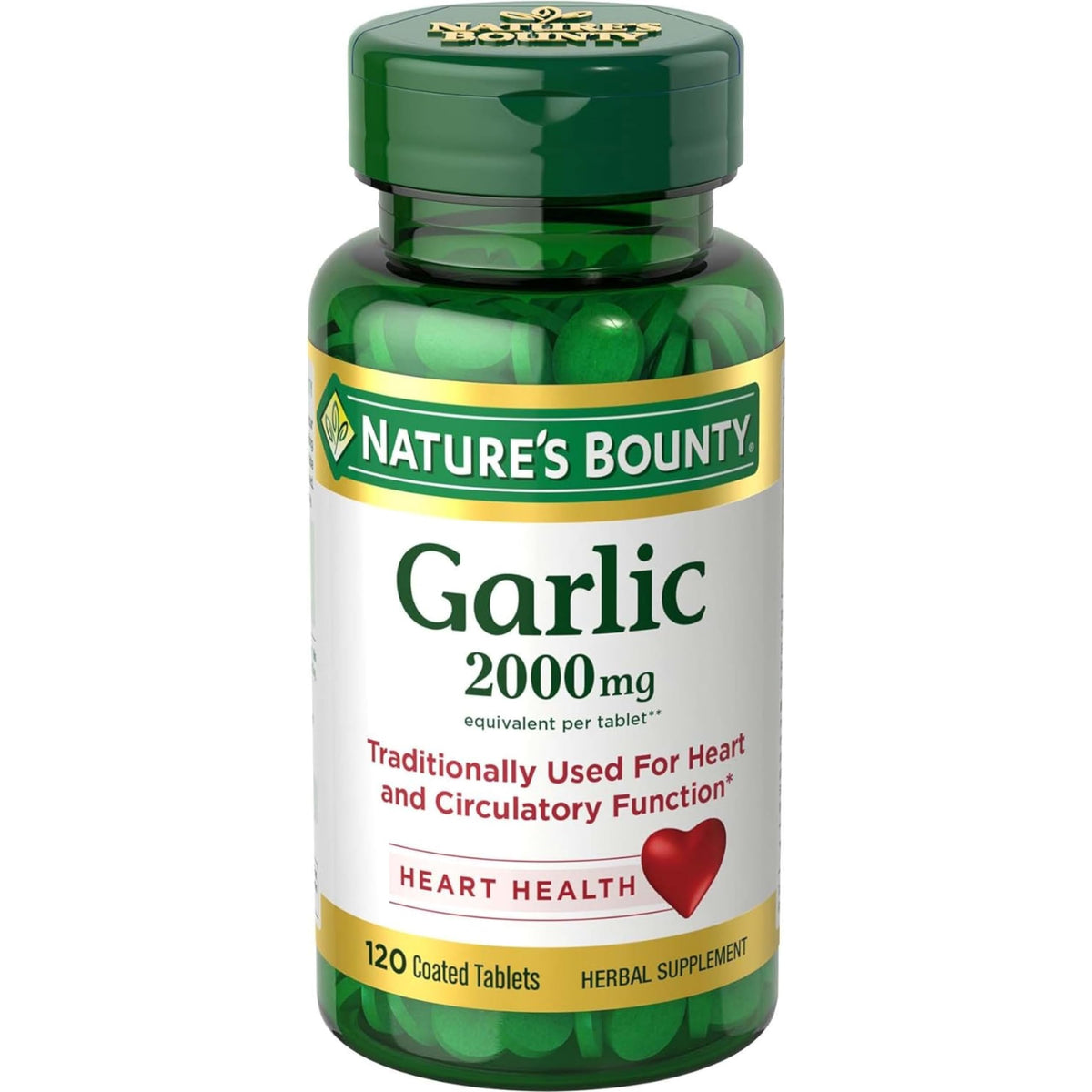 Nature's Bounty odorless garlic tablets in bottle for daily heart support.