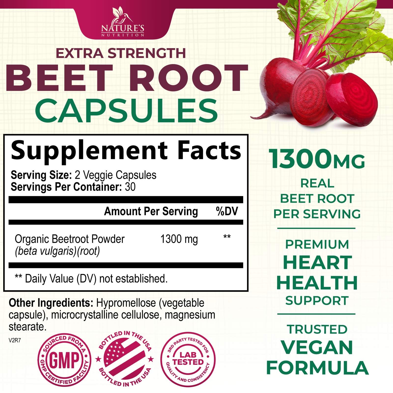 Nature's Nutrition Beet Root 1300mg bottle shown for convenient daily use