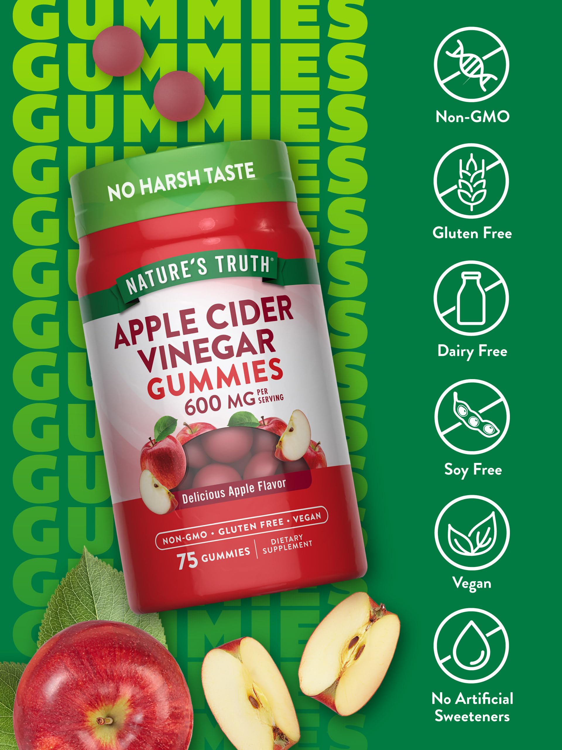 Close-up of Nature's Truth ACV Gummies texture for chewy apple bite.