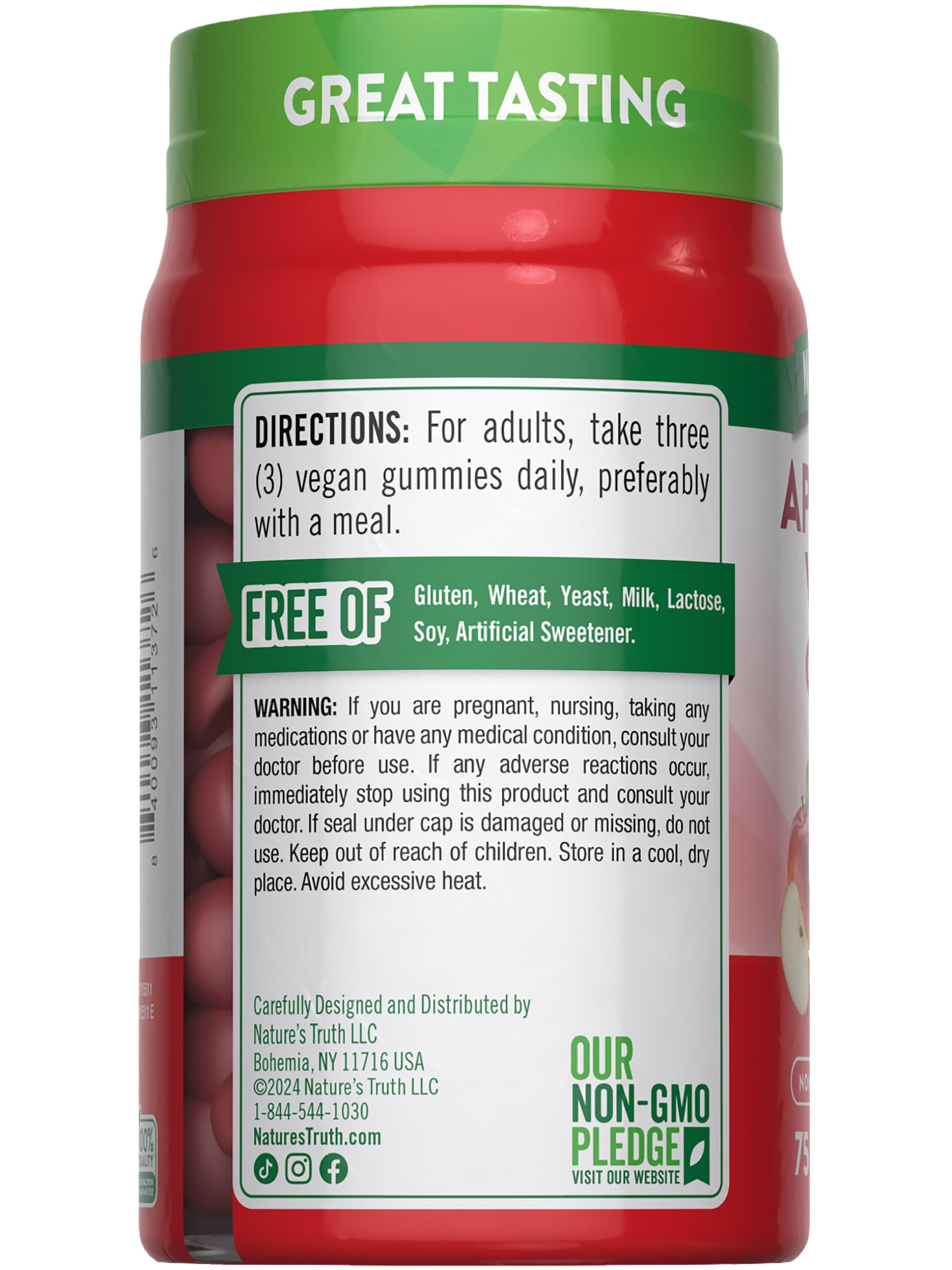 Non-GMO Nature's Truth ACV Gummies label communicates clean ingredients.