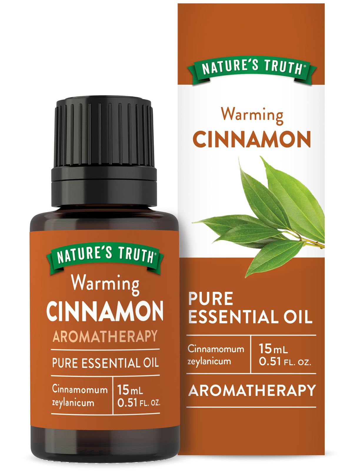 Nature's Truth Cinnamon essential oil bottle for aroma diffusion.