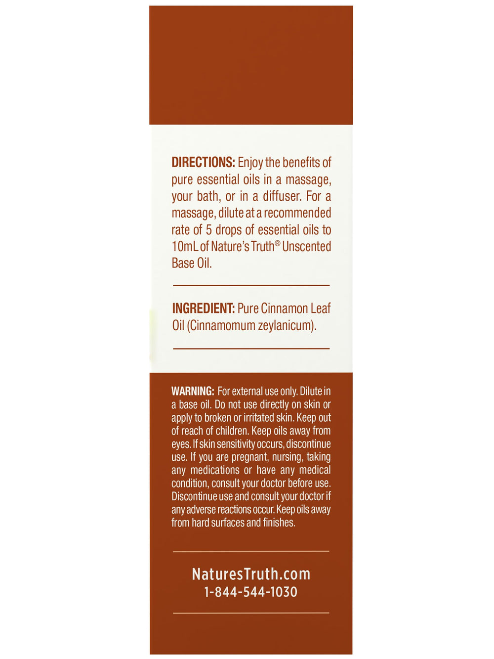 Nature's Truth Cinnamon oil packaging indicates non-GMO and gluten-free.
