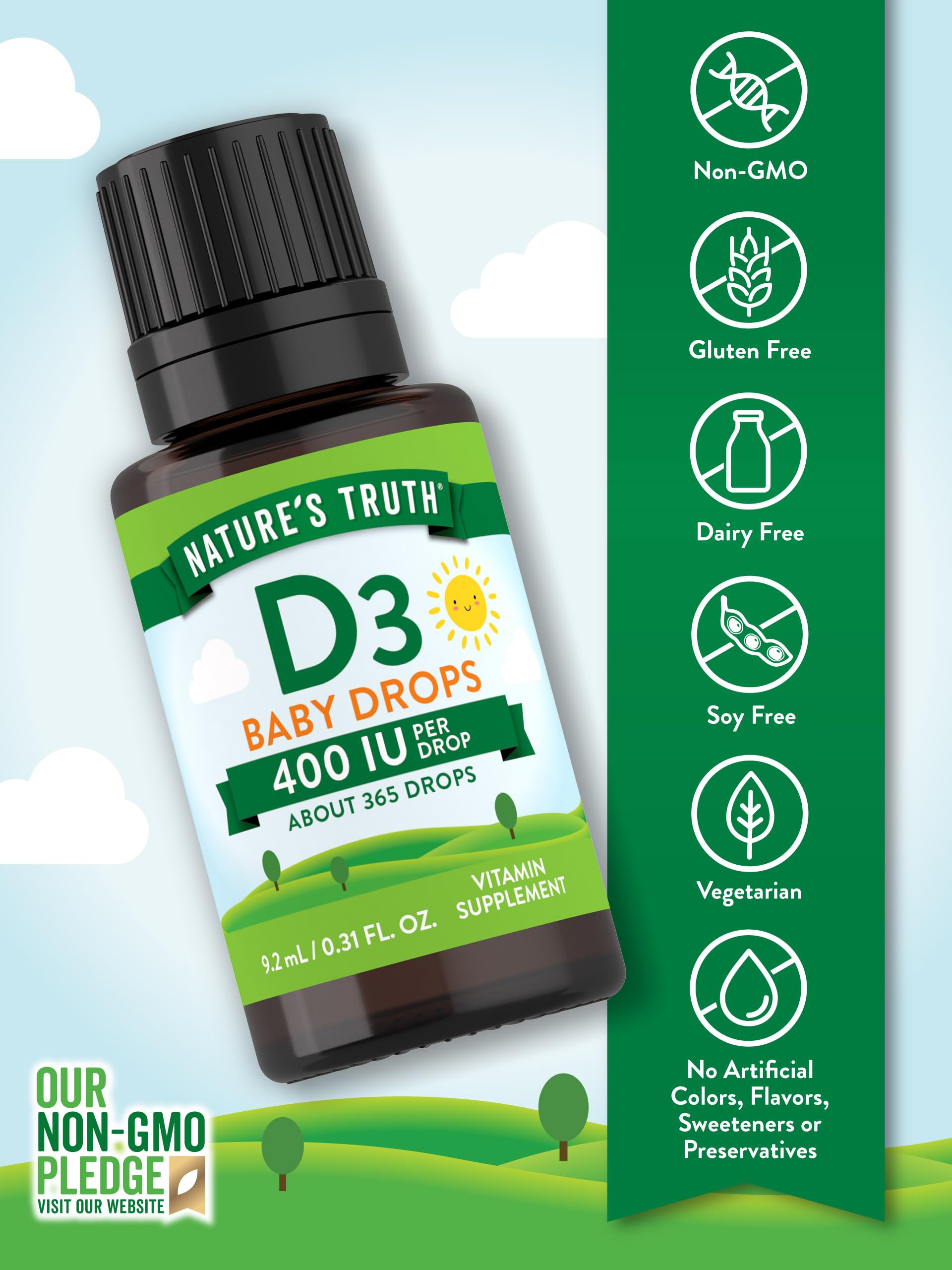 Nature's Truth D3 baby drops label highlighting vegetarian, non-GMO formula