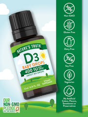 Nature's Truth D3 baby drops label highlighting vegetarian, non-GMO formula