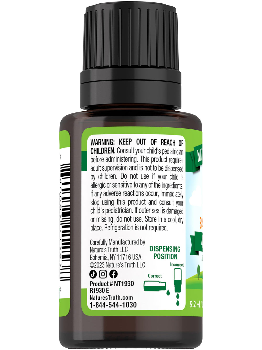 Nature's Truth drops bottle close-up with easy-to-read packaging