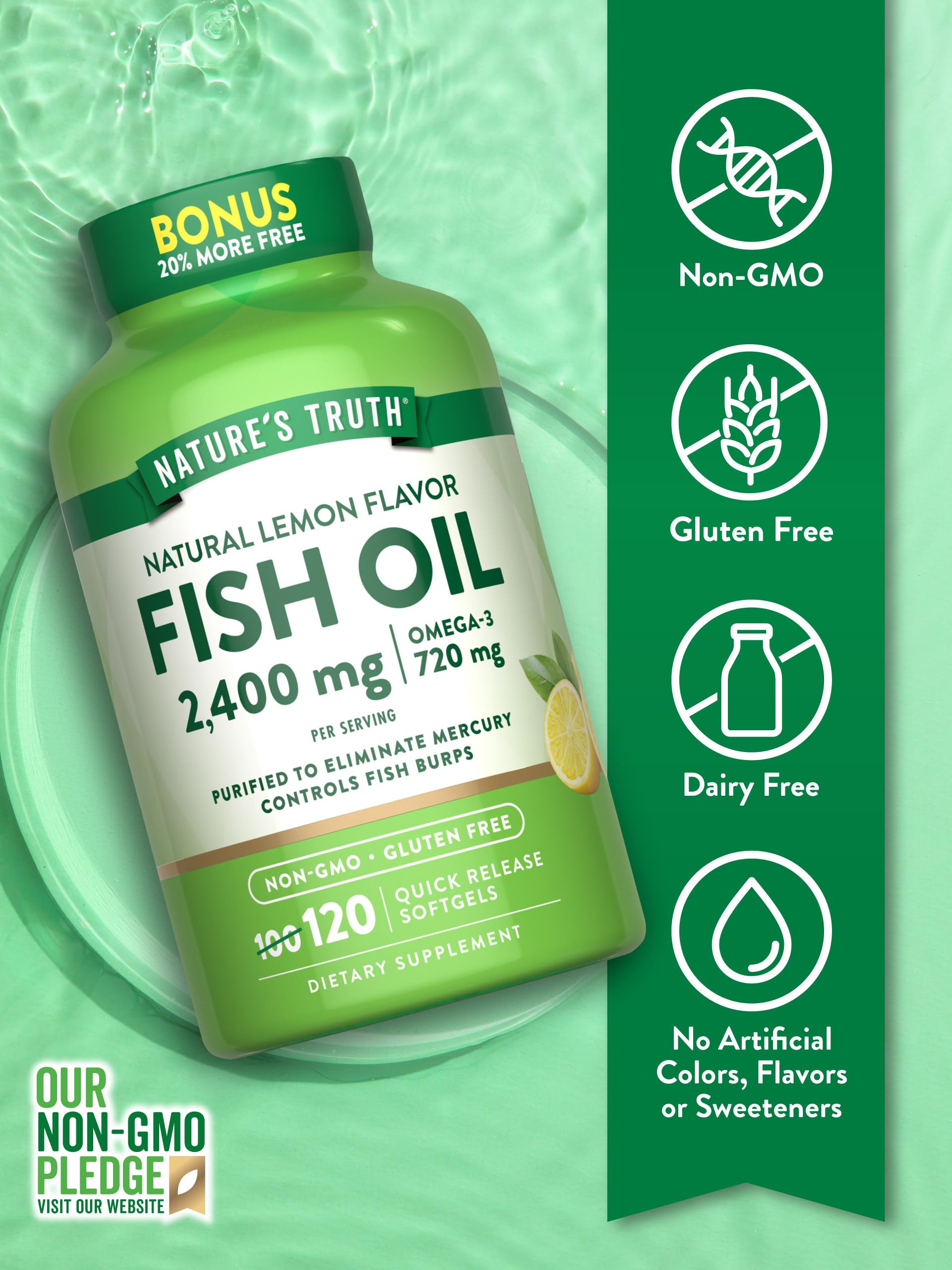 Nature's Truth Fish Oil 2400mg bottle with lemon label burpless flavor