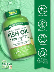 Nature's Truth Fish Oil 2400mg bottle with lemon label burpless flavor