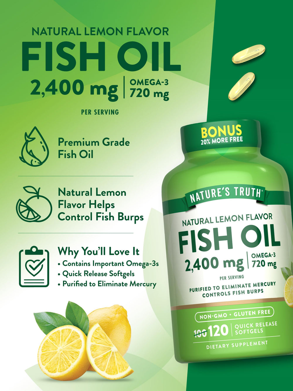 Nature's Truth Fish Oil 2400mg non-GMO and gluten-free label