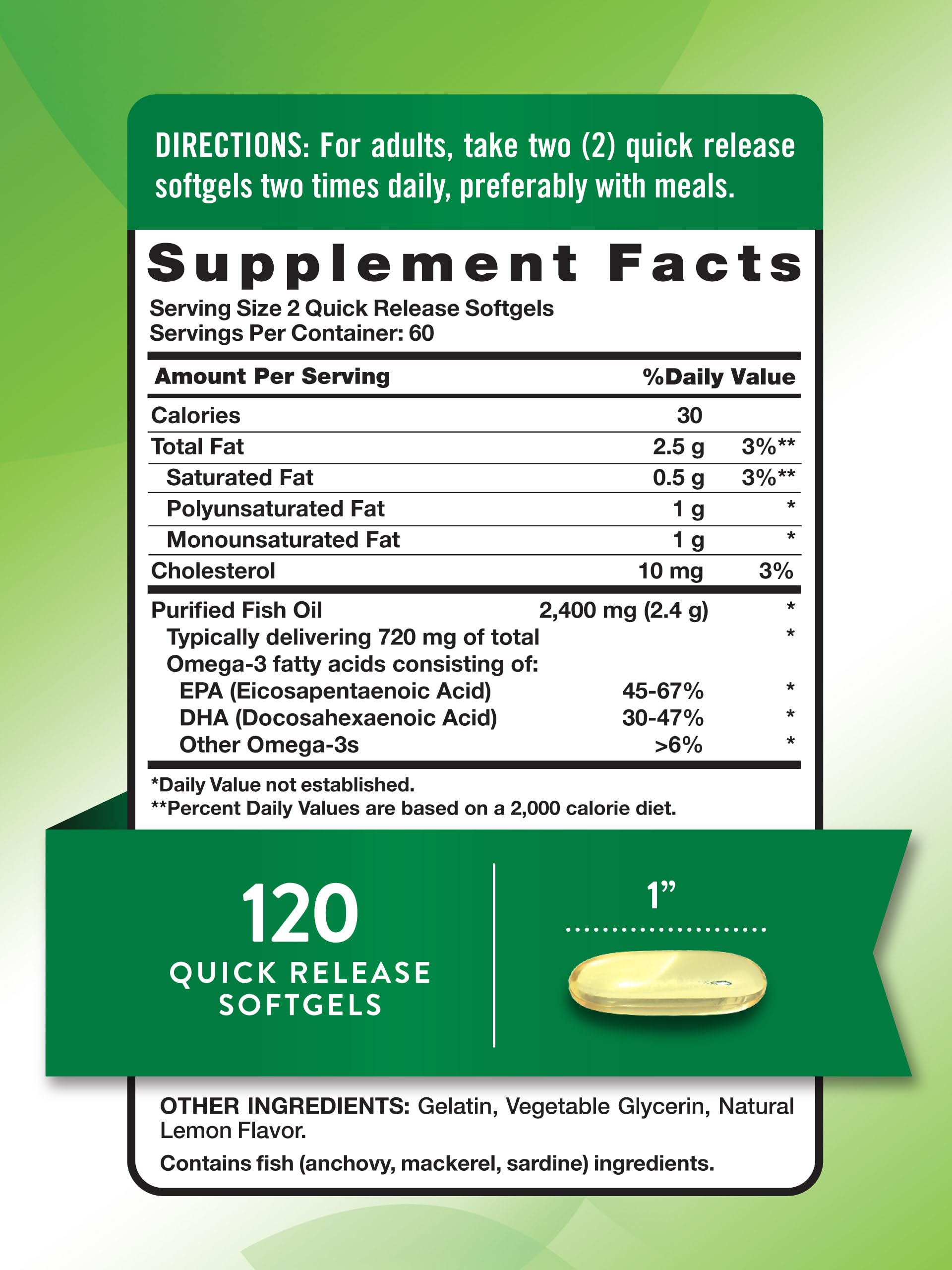 Nature's Truth Fish Oil 2400mg softgels closeup for easy swallowing