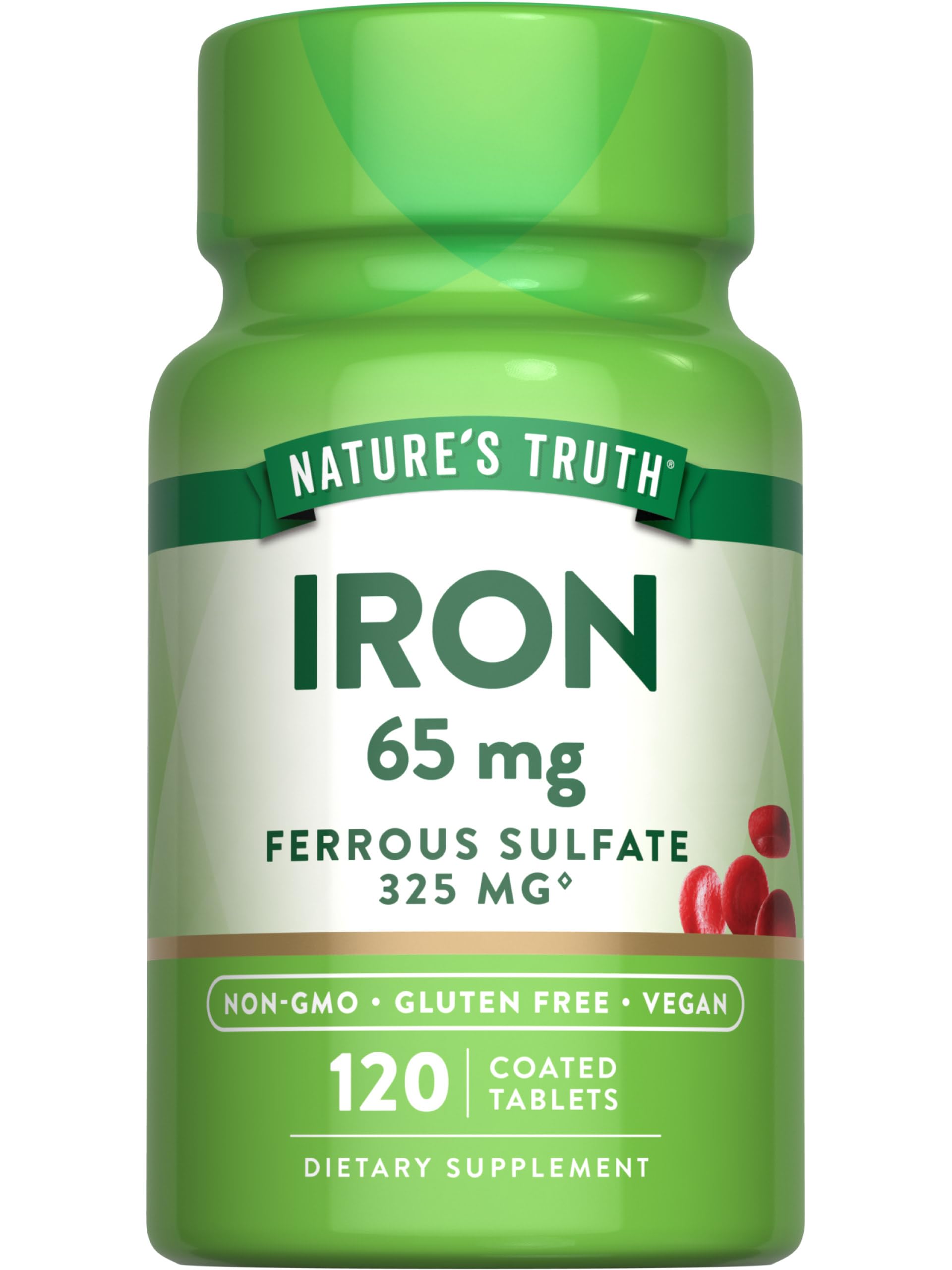 Nature's Truth iron supplement bottle showing 65 mg per tablet for daily support