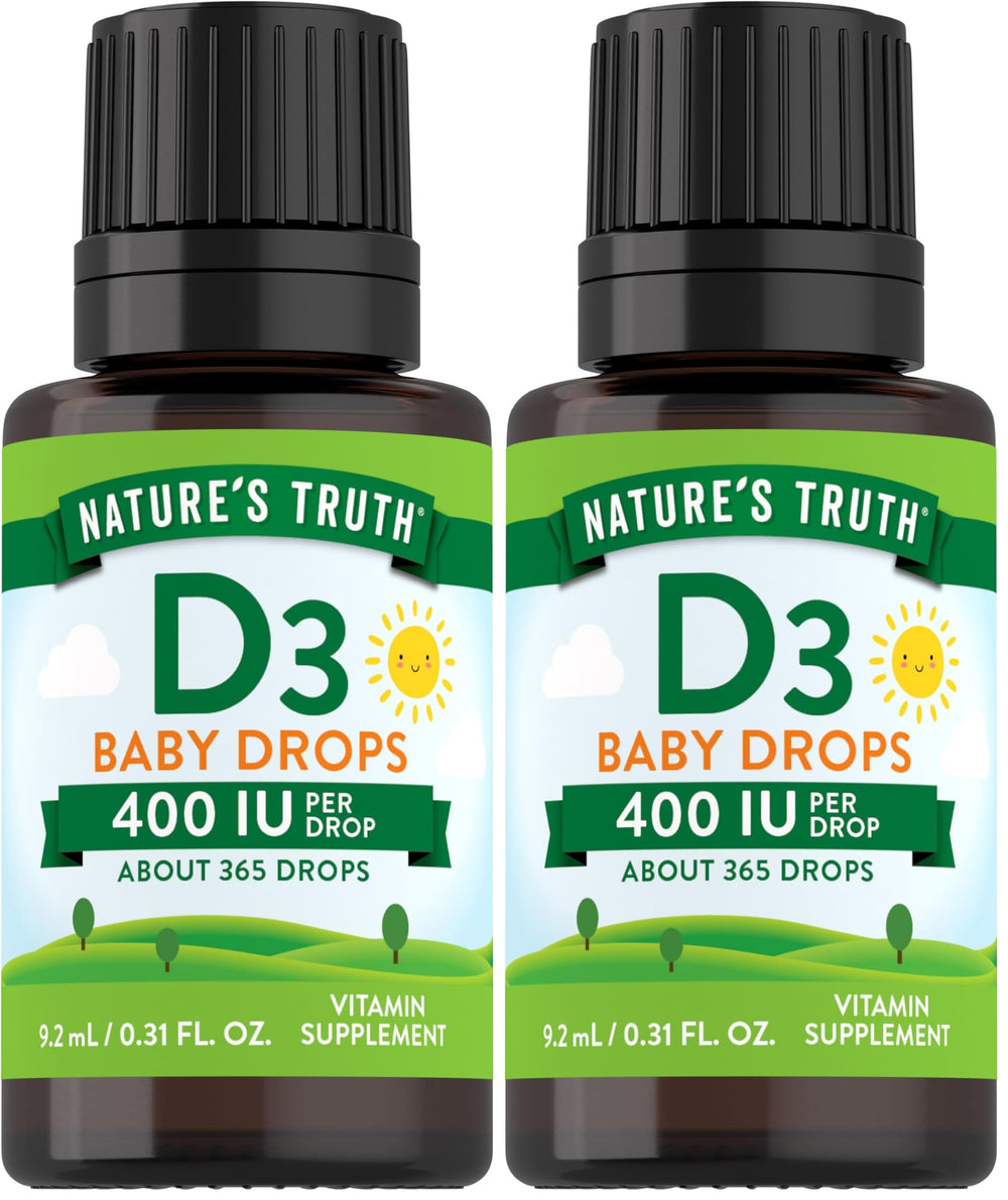 Nature's Truth Vitamin D Drops for infants bottle showing 400 IU per drop for daily use