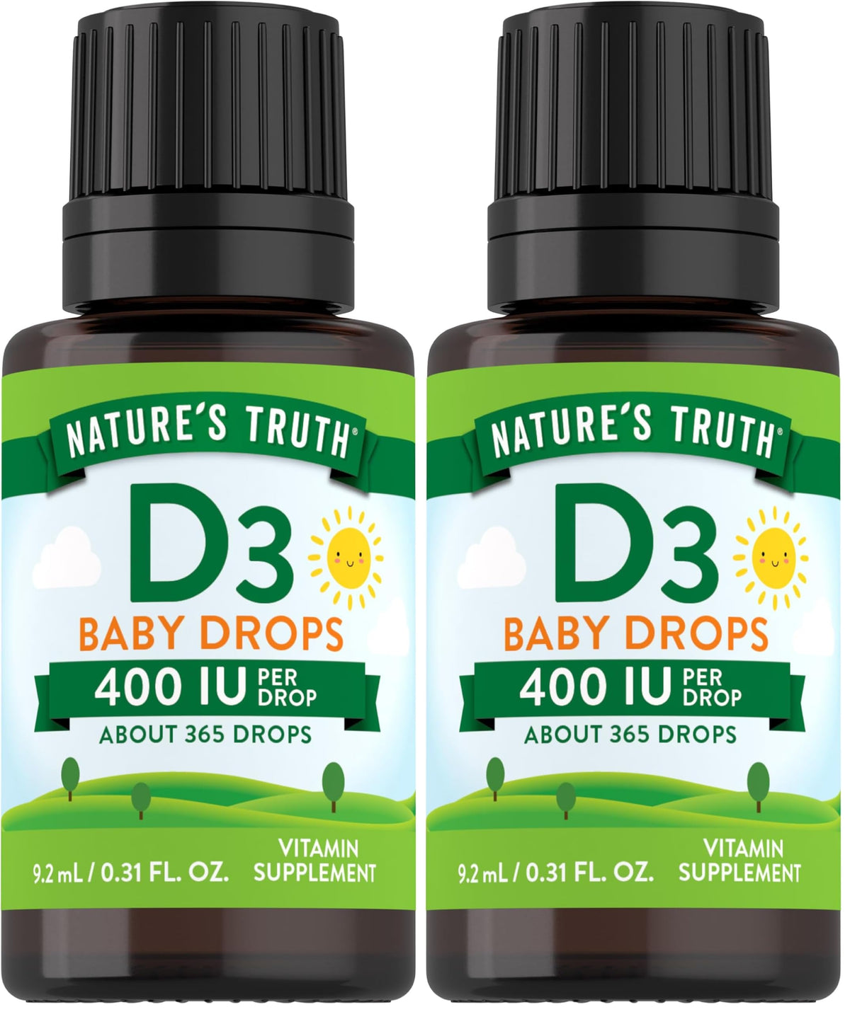 Nature's Truth Vitamin D Drops for infants bottle showing 400 IU per drop for daily use