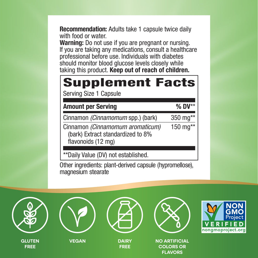 Nature's Way Cinnamon Extract close-up label highlights quality and standardization for daily use