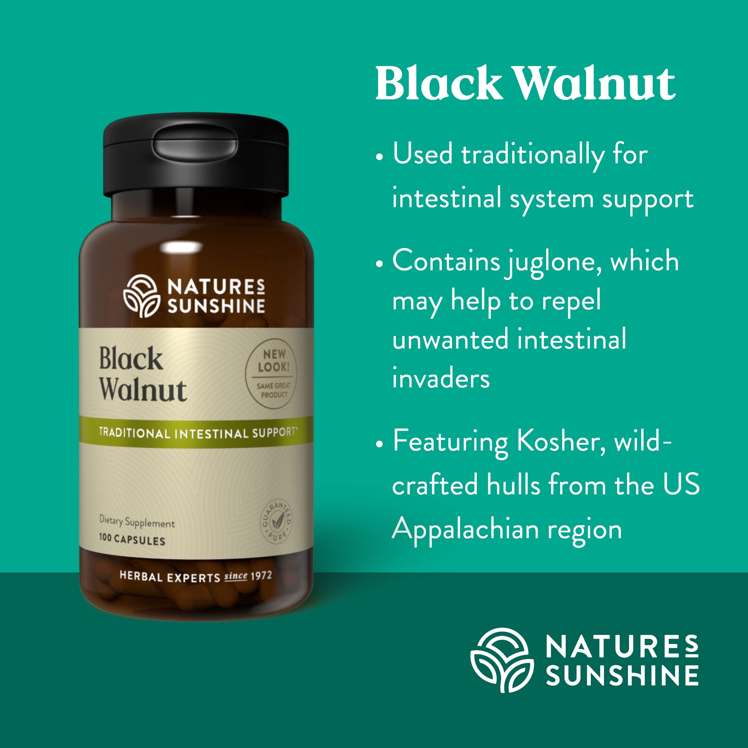 Nature's Sunshine Black Walnut 100 Capsules packaging emphasizes brand heritage