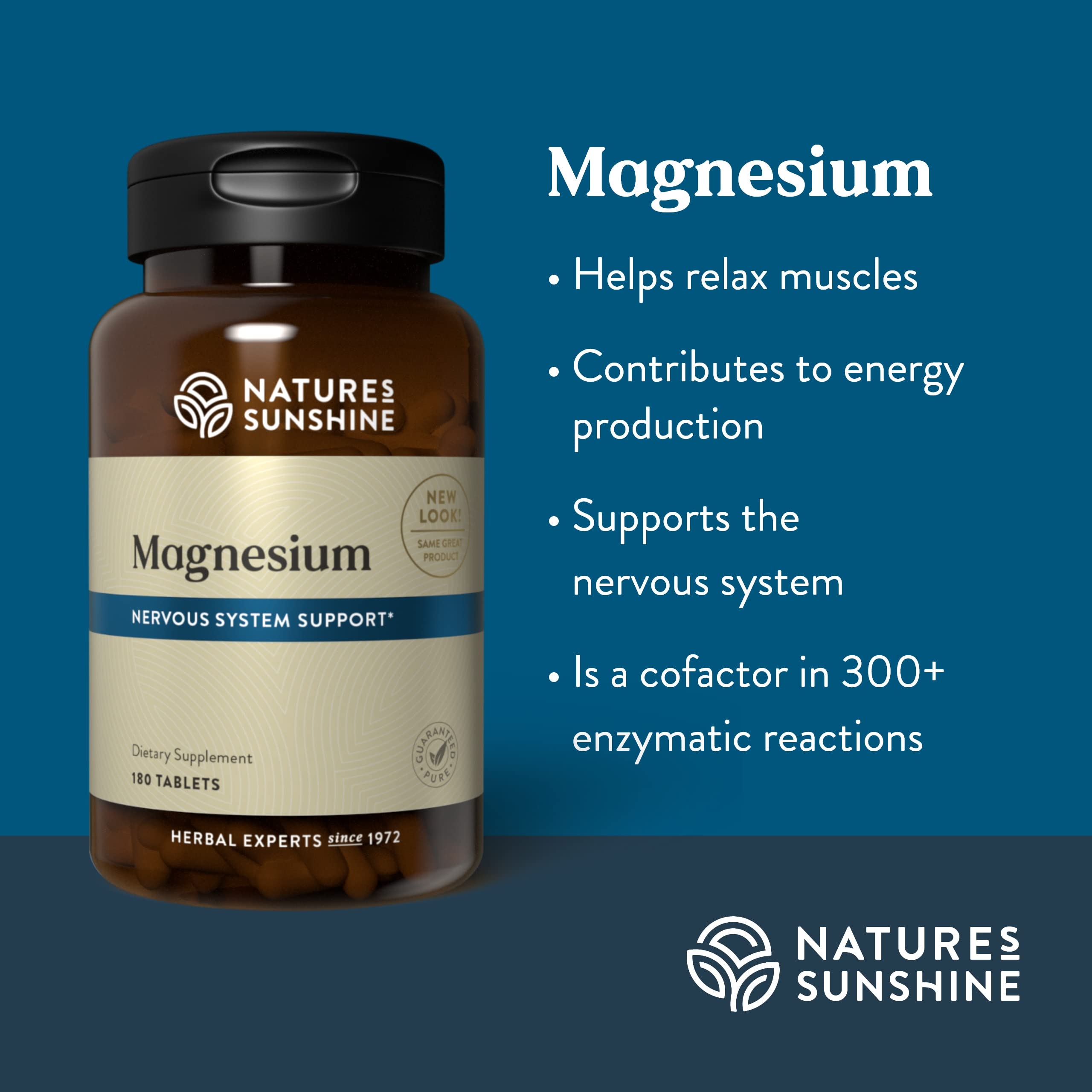 Nature's Sunshine Magnesium tablets with peppermint and kelp, highlighting natural ingredients