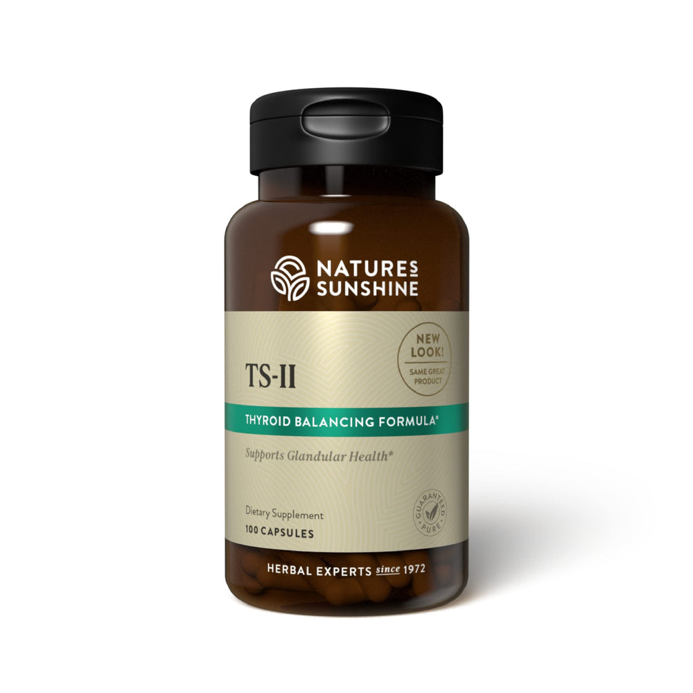 Nature's Sunshine TS II bottle front for thyroid support and overall balance.