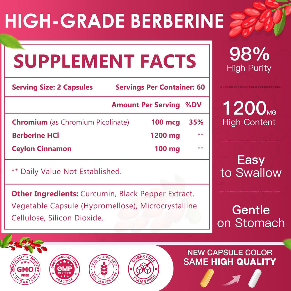 Nature Target Berberine HCl 1200mg capsule close-up with cinnamon and chromium for antioxidant support.